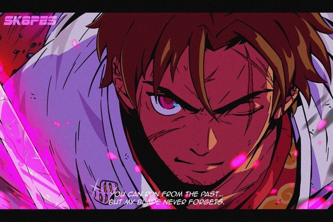 An anime-style illustration of a scarred, brown-haired character with a smirk, captioned 'You can run from the past, but my blade never forgets.' with the 'SK8PES' logo in the corner.