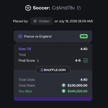 A soccer betting slip from Shuffle.com shows a winning "Over 7.5" bet on the France vs England match (final score 4-6), placed by user CdAHd78v on July 19, 2026, where $100,000 staked at 4.40 odds returned $440,000 in winnings—fitting the post's joke about "bronze" still being a winning outcome in the matchup.