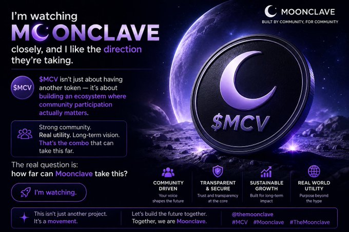 Promotional graphic for MOONCLAVE ($MCV) cryptocurrency featuring a moon-themed logo, emphasizing community-driven, transparent, sustainable growth, and real-world utility features.