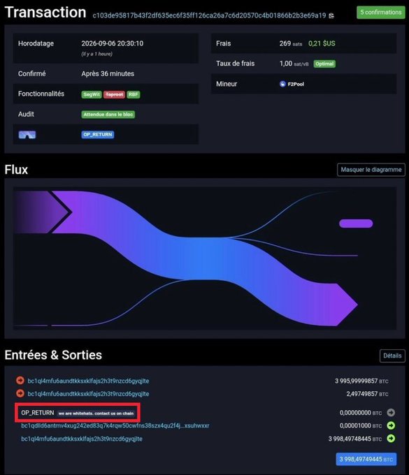 A cryptocurrency transaction details page in French showing a Bitcoin transaction with fees of 269 sats (0.21 $US), tagged with 'OP_RETURN we are whitelist, contact us on chain' highlighted in a red box.