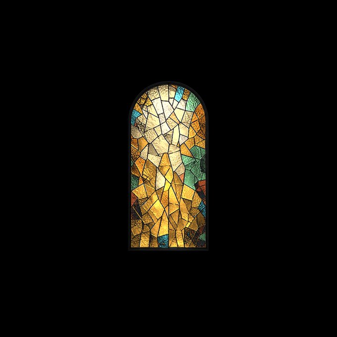 A stained glass window with an arched top, featuring abstract patterns in golden yellow, orange, green, and blue against a black background.