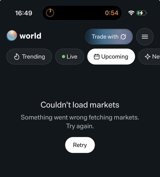 A mobile app screen showing a 'Couldn't load markets' error message with a Retry button.