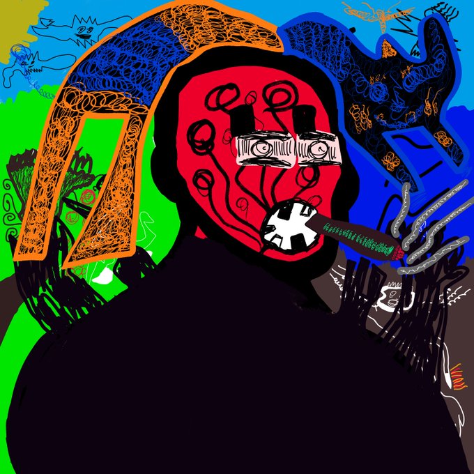 A chaotic digital drawing of a figure with a red face, wide eyes, and octopus-like tentacles, surrounded by vibrant blue and green backgrounds and squiggly shapes.