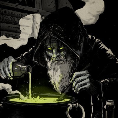 A dark, stylized illustration of a hooded figure with glowing yellow eyes and a long beard, pouring a glowing green liquid into a steaming cauldron.