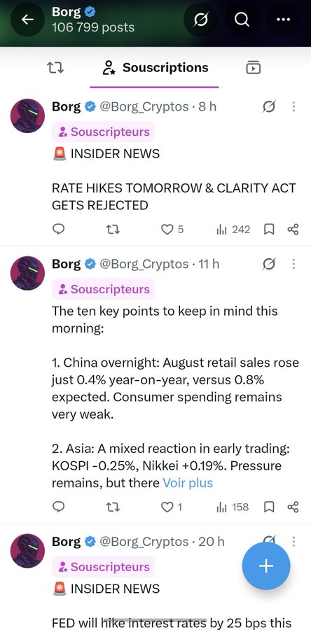 A Twitter/X feed screenshot of the account "Borg" (@Borg_Cryptos) with 106,799 posts, showing tweets about market news including "RATE HIKES TOMORROW & CLARITY ACT GETS REJECTED" and analysis of China retail sales and Asian market reactions (KOSPI, Nikkei).