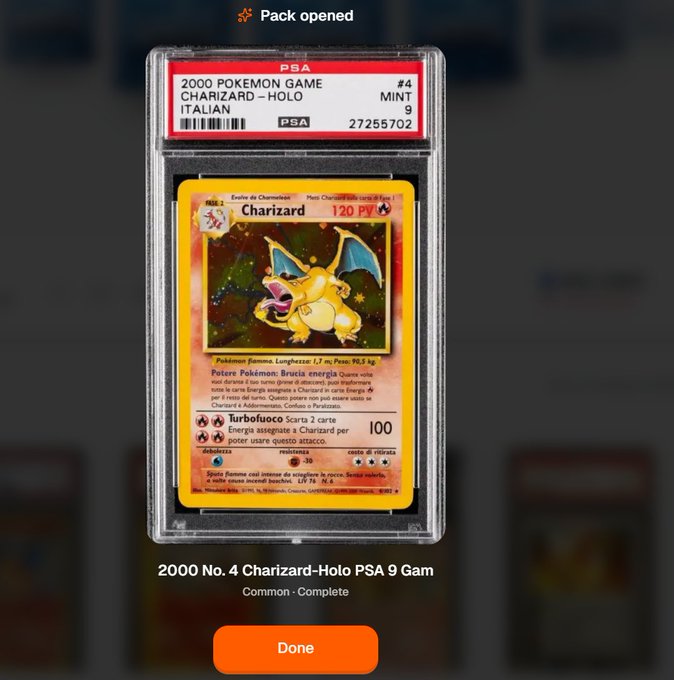 A screenshot showing a graded PSA 9 Mint Italian 2000 Pokemon Charizard Holo trading card in a protective slab, with 'Pack opened' text at the top.
