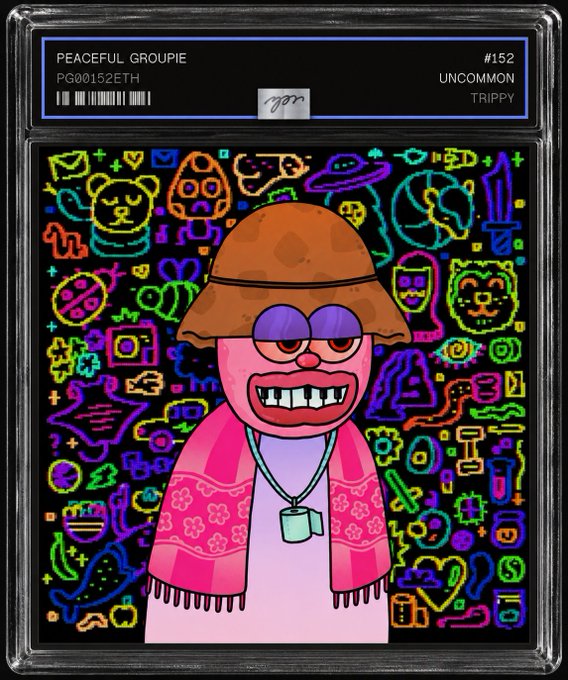 A digital trading card titled "PEACEFUL GROUPIE" #152 depicting a cartoon character with a brown hat, pink scarf, and sunglasses against a black background filled with colorful neon icons.