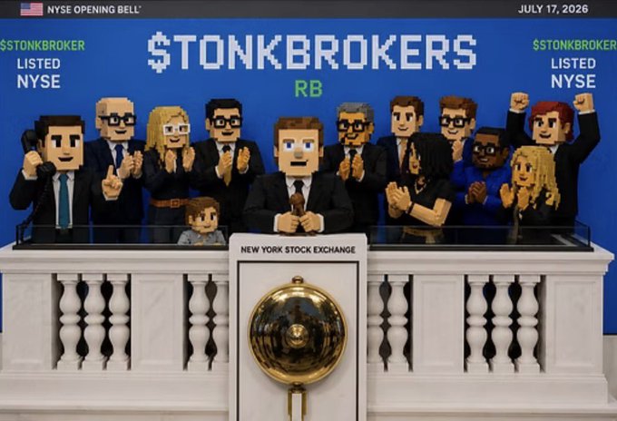 A 3D blocky animation style image showing characters ringing the bell at the New York Stock Exchange, with text '$STONKBROKERS LISTED NYSE' and a date of 'JULY 17, 2026'.