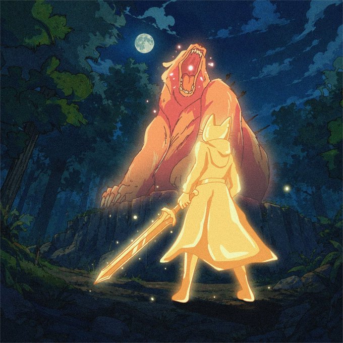 A glowing figure with a sword stands before a roaring beast atop a moonlit cliff, evoking a lone warrior facing a powerful foe. The illustration visually parallels the post's metaphor of a single large $cets holder being steadily replaced by an "army of smaller soldiers," suggesting a dramatic turning point once the major seller exits the position.