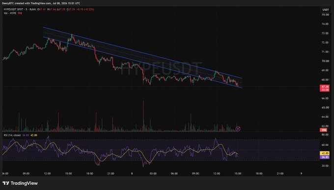 A TradingView chart for Hyperliquid (HYPE) on USDT showing a downward price trend within a descending channel, with a 24-hour change of -2.28% and price around $67.30.