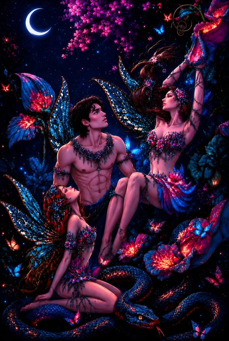 A fantasy digital illustration depicting a man and two winged fairies surrounded by glowing pink flowers and a serpent under a crescent moonlit sky.