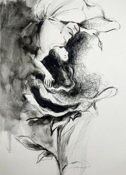 A black and white sketch of a woman lying back with her long dark hair flowing into what appears to be a large flower or rose below her.