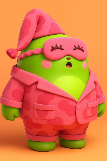 A cute 3D-rendered green character wearing pink polka-dot pajamas and a matching nightcap appears to be sleeping with closed eyes and a small open mouth. The image serves as a playful visual reference to "Sleepagotchi," a Web3 sleep and health platform, aligning with the cozy bedtime theme while introducing the company's $6.5 million funding raise.