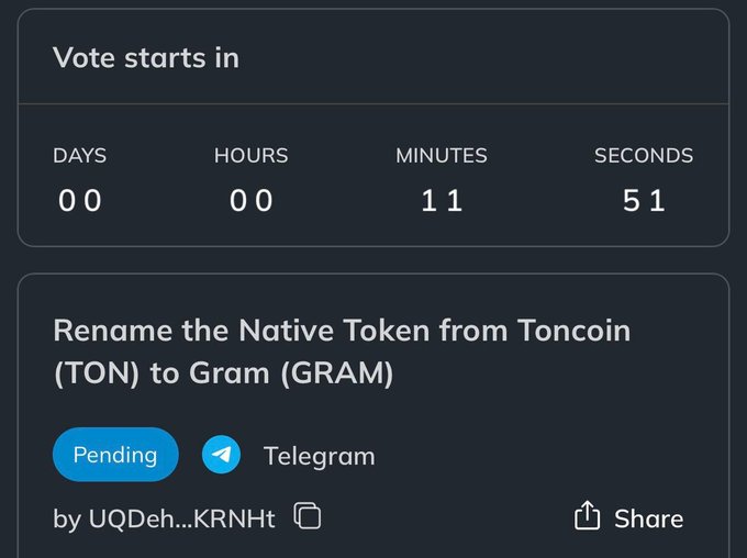 The image shows a screenshot of a voting system, with the text "Vote starts in" at the top. A poll has been launched asking for users' opinions on whether TON should be renamed to $GRAM (Native token from TON).