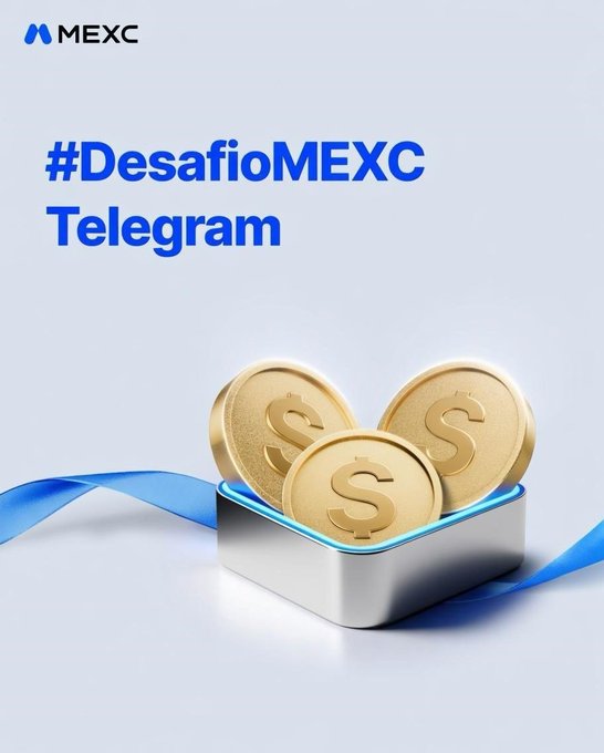 A promotional graphic with the MEXC logo featuring the text "#DesafioMEXC Telegram" above gold coins with dollar signs stacked in a silver container with a blue ribbon.