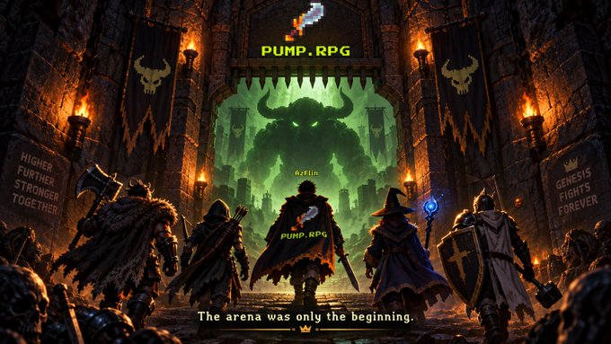 A group of armored warriors stand before a massive, glowing green horned beast looming over a dark fortress gateway, with banners reading "HIGHER FURTHER STRONGER TOGETHER" and "GENESIS FIGHTS FOREVER" flanking the scene. The "PUMP.RPG" logo and tagline "The arena was only the beginning." reinforce the post's announcement of PvE content expanding the game's universe beyond its current arena battles.
