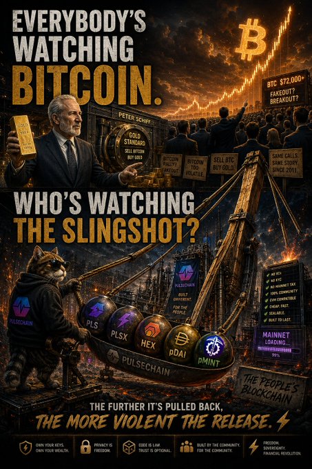 A comparison graphic titled 'EVERYBODY'S WATCHING BITCOIN. WHO'S WATCHING THE SLINGSHOT?' depicting Peter Schiff holding a gold bar opposite a cat operating a slingshot loaded with PULSE/pPLS, HEX, PAI, and PMNT tokens.