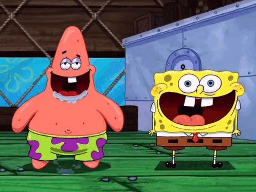 Patrick and SpongeBob from SpongeBob SquarePants stand together laughing maniacally, their grins stretched wide in a shared moment of glee. The image pairs with the caption "Copy traders be like," humorously comparing the excitement of mimicry in trading to the unhinged, wide-eyed laughter of the two cartoon characters.