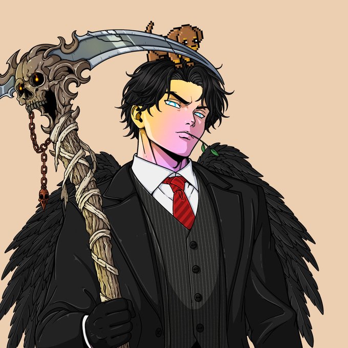 An illustration of a dark-haired man in a pinstripe suit and red tie holding a scythe with a skull design, with black wings and a small pixelated figure on his shoulder.