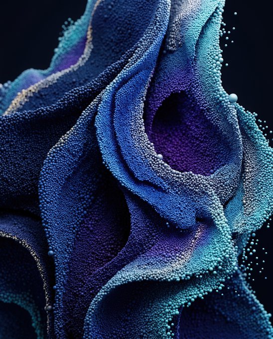 An abstract 3D rendering of flowing, ribbon-like shapes covered in small spherical beads in shades of blue, teal, and purple.