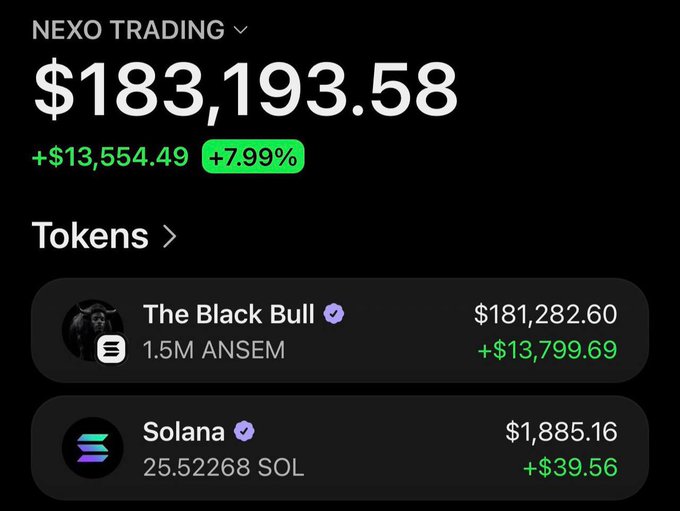 A screenshot of a Nexo Trading portfolio showing a total balance of $183,193.58 (+$13,554.49, +7.99%), with the bulk held in "The Black Bull" holding 1.5M ANSEM ($181,282.60) and a smaller position of 25.52268 SOL ($1,885.16). The image serves as visual proof of a profitable $ANSEM and $SOL wallet, reinforcing the post's claim that following @heypinky_ leads to "big gift" returns.