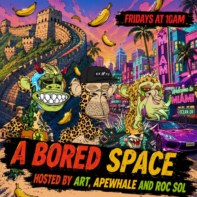 The image features a poster for an event called "A Bored Space" that is being hosted by Art Apewhale and Roc Sol. The poster includes a drawing of three monkeys, each wearing a hat with different colors - green, black, and white. These monkey characters are surrounded by various objects such as bananas, cars, buildings, palm trees, and other city elements. The text on the poster reads "A Bored Ape Space" and provides details about the event, including its location (Miami) and the time it will take place (10 AM).