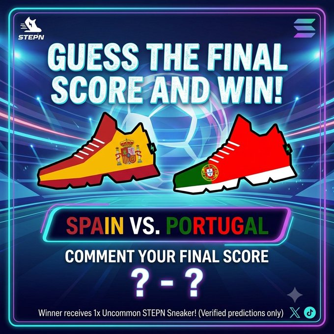 A STEPN promotional graphic reads 'GUESS THE FINAL SCORE AND WIN!' featuring Spain vs. Portugal sneakers with their national flags and crests, asking users to comment their final score prediction for a chance to win 1x Uncommon STEPN Sneaker.