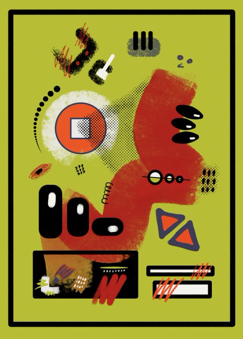 A vibrant abstract illustration on a yellow-green background featuring various geometric shapes, circles, triangles, and red brushstroke elements in a mid-century modern style.
