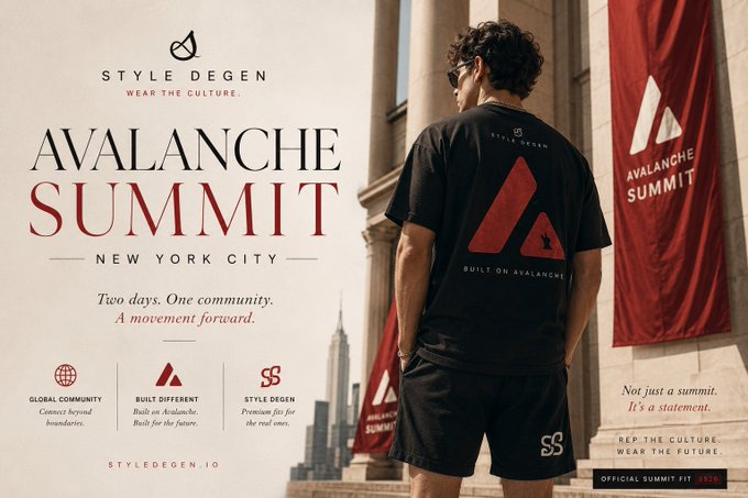 An advertisement for "AVALANCHE SUMMIT NEW YORK CITY" by Style Degen, featuring a model wearing the official summit apparel.