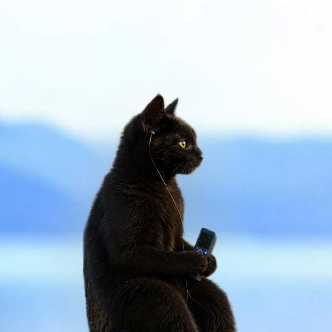 Black cat wearing earphones and holding a small portable music player, sitting against a backdrop of water and sky.