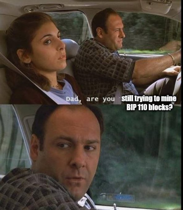 A meme featuring a father and daughter in a car, with the daughter asking "Dad, are you still trying to mine BIP 110 blocks?" and the father turning to look at her with a serious expression, referencing the Bitcoin protocol debate around BIP 110 as a futile effort comparable to the joke that "the only way out of this is in some blocks."
