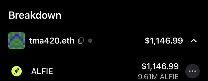 The image shows a portfolio breakdown displaying a single holding of 9.61M ALFIE tokens valued at $1,146.99 under the wallet "tma420.eth," which aligns with the post's message about being one of the few buyers of the $ALFIE token.