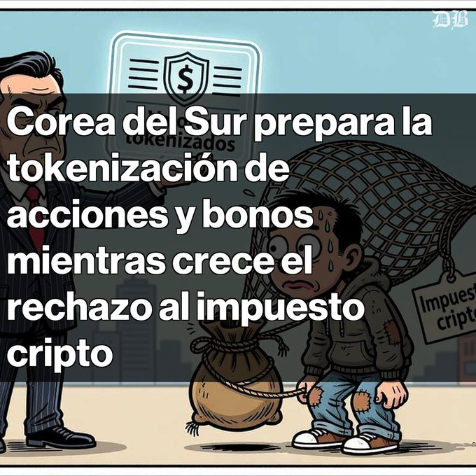 A cartoon graphic about cryptocurrency policy with the headline: 'Corea del Sur prepara la tokenización de acciones y bonos, mientras crece el rechazo al impuesto cripto.'