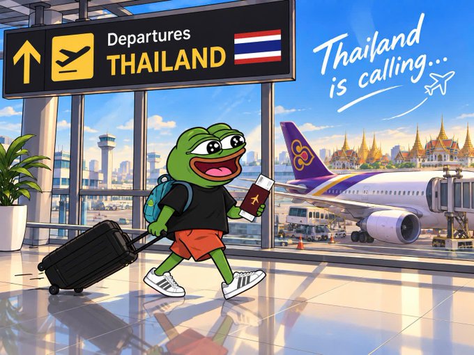 A cartoon frog wearing a backpack and carrying a suitcase walks through an airport terminal holding a passport, with a 'Departures THAILAND' sign and text reading 'Thailand is calling...' visible above a Thai Airways plane.