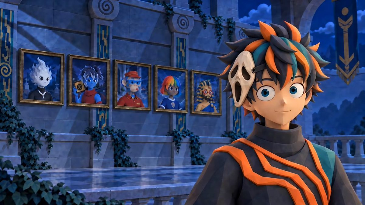 A 3D animated character with orange, black and teal hair wearing a white mask, standing in front of a wall displaying framed portraits of other characters.