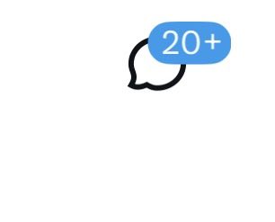 A simple graphic displays a black chat bubble outline next to a blue bubble containing the text '20+'.