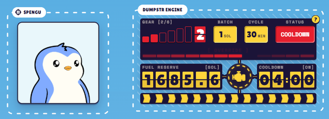 A game interface showing a penguin character labeled 'SPENGU' alongside a 'DUMPSTRING' control panel displaying gear, batch, cycle, fuel reserve, and cooldown information.