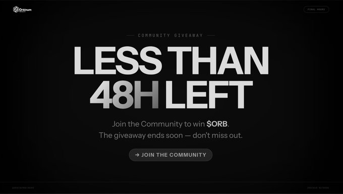 A black promotional graphic from Octomu announcing a 'Community Giveaway' with 'LESS THAN 48H LEFT' to win $ORB, featuring a 'Join the Community' button.