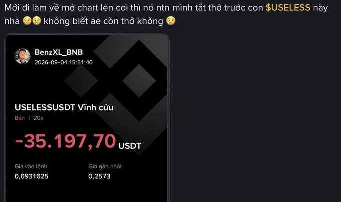 A social media post in Vietnamese about charting a crypto token, showing a Binance order for USELESSUSDT with a loss of -35,197.70 USDT, entry price 0.0931025 and last price 0.2573.