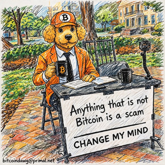 An illustrated Bitcoin dog mascot in an orange jacket and Bitcoin cap sits at a table holding a coffee mug, with a sign reading 'Anything that is not Bitcoin is a scam - CHANGE MY MIND'.