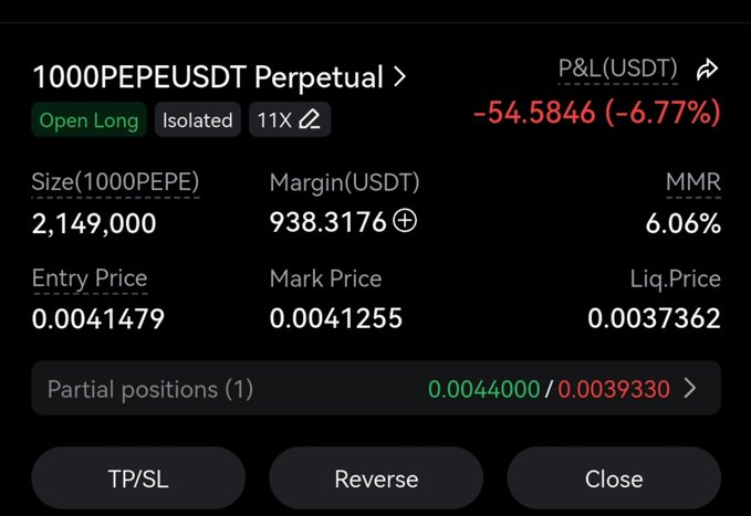 A crypto trading dashboard displays an open long position on the 1000PEPEUSDT Perpetual contract with 11X leverage, showing a position size of 2,149,000 PEPE at an entry price of 0.0041479 and a mark price of 0.0041255, resulting in an unrealized P&L loss of -54.5846 USDT (-6.77%). This image illustrates Trade #37 from the user's $5000-$50k challenge, where they longed $PEPE (alongside $Bonk and $ZEC), and the position is currently underwater with a liquidation price of 0.0037362.