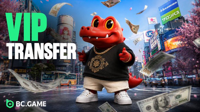 A promotional banner for 'VIP TRANSFER' from BC.GAME featuring a red crocodile mascot wearing a black sweater and gold chain, standing in a Tokyo street scene with money flying around.