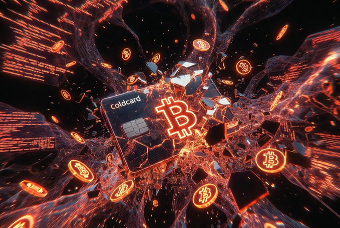 This image depicts a shattered "Coldcard" wallet surrounded by Bitcoin symbols, visually representing the impact of the reported firmware flaw on cryptocurrency. The image's chaotic and broken aesthetic aligns with the news of stolen Bitcoin and potential further losses.