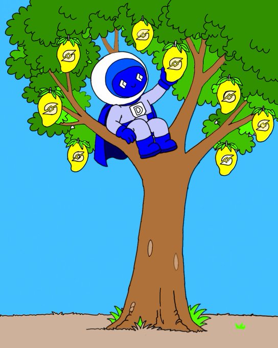 The image features a cartoon character dressed as an astronaut sitting on top of a tree filled with yellow fruit, specifically lemons. The character appears to be holding one of these lemons while wearing a blue suit. The background of the image shows a clear sky, and there is text that reads "Good morning.. Another day, another step exploring @DlicomApp Web3 social platforms are getting more interesting day by day."