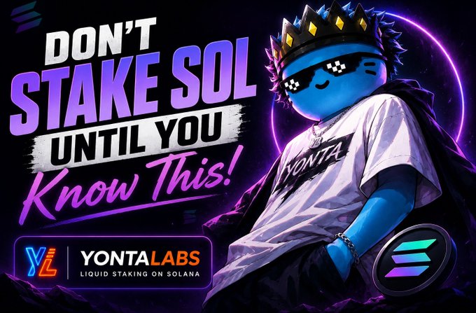 A vibrant promotional graphic features a blue cartoon character wearing a crown, pixelated sunglasses, and a "YONTA" t-shirt, with bold text reading "DON'T STAKE SOL UNTIL YOU Know This!" alongside the YontaLabs logo and tagline "LIQUID STAKING ON SOLANA." The image illustrates the accompanying post's warning about the downsides of traditional Solana staking by positioning YontaLabs' liquid staking solution as the smarter alternative, allowing users to avoid having their capital locked away.