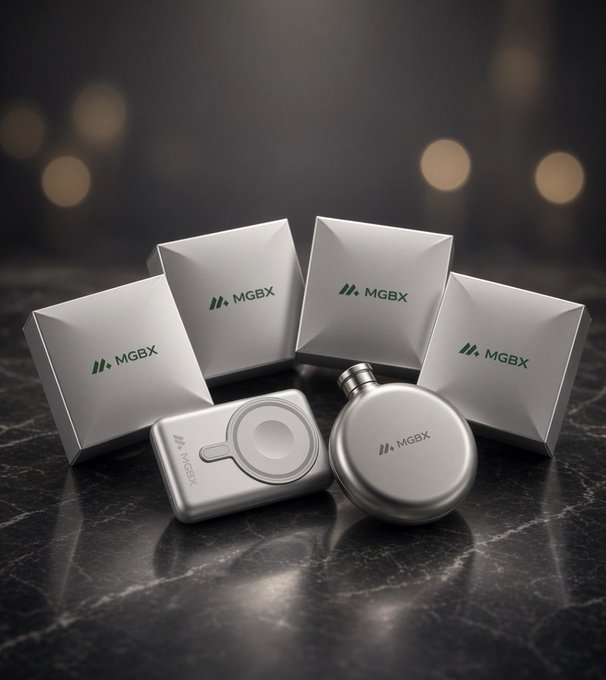 A product display showing silver MGBX-branded boxes alongside a rectangular and a round silver bottle, all resting on a dark marble surface.