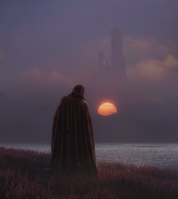 A cloaked figure stands in a misty landscape of pink flowers, gazing at a setting orange sun on the horizon with a faint, mysterious tower silhouette visible in the foggy sky.