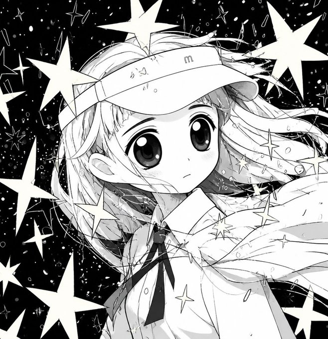 A black and white anime-style illustration of a girl wearing a visor with stars, set against a starry background.