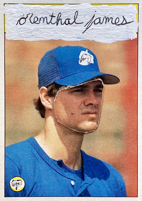 A vintage-style baseball trading card featuring a young player in a blue uniform and cap with a chin strap, with the handwritten name 'Hemthal James' at the top and a small signature logo in the bottom left corner.