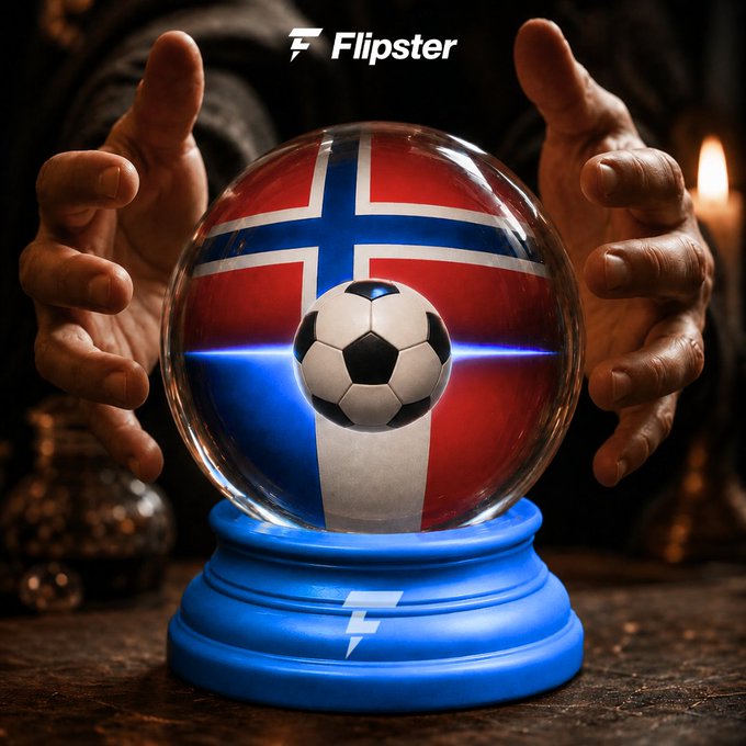 A crystal ball branded with the "Flipster" logo features the Norwegian flag with a soccer ball inside, framed by a person's hands, foreshadowing predictions for the France vs. Norway matchup where fans can win 100 USDT.